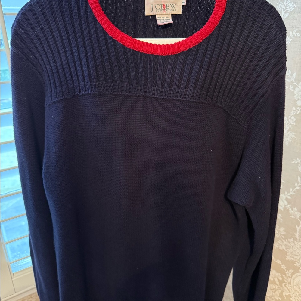 VINTAGE cotton J. Crew Men's Dark Blue Sweater with Red Accent